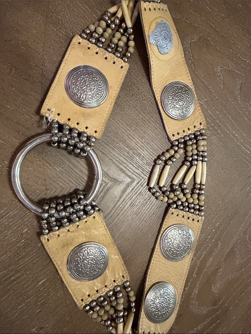 Beaded Tan Leather Statement Belt with Silver Medallions